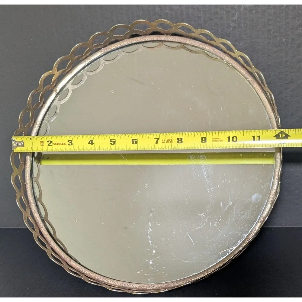 Vintage Vanity Mirror Round Scalloped Metal Lattice Frame 12